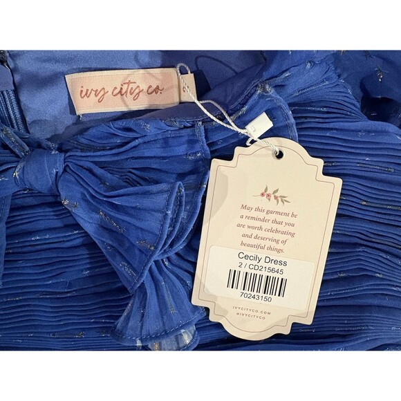 IVY CITY CO. womens Cecily Midi Dress size 2 Cobalt Blue Sparkly Tier Pleated - Picture 10 of 11